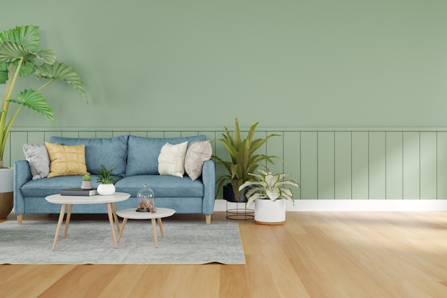 3d render of sofa and interior plants in green contemporary room