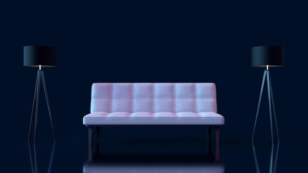 3d render a sofa on a mirror floor a pink light two lamps on the sides a dark blue background