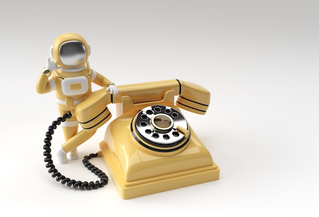 3d render spaceman astronauta chiamando gesto con il vecchio telefono 3d illustrazione design.