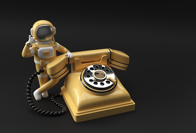 3d Render Spaceman Astronaut calling gesture with old telephone 3d illustration Design