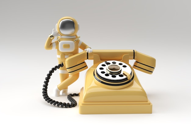 3d Render Spaceman Astronaut calling gesture with old telephone 3d illustration Design.