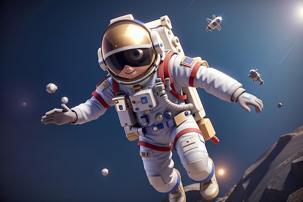 Фото 3d render spaceman астронавт, летящий с ракетой 3d иллюстрация дизайн