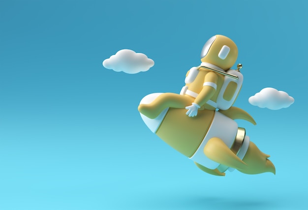 ロケット3Dイラストデザインで飛んでいる3Dレンダリング宇宙飛行士。