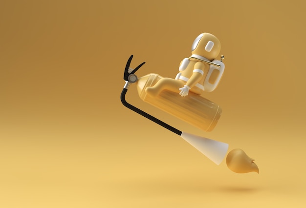 3D Render Spaceman Astronaut Flying Zittend op brandblusser 3d illustratie Design.