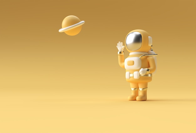 3Dレンダリング宇宙飛行士ハンドアップジェスチャ3Dイラストデザイン。