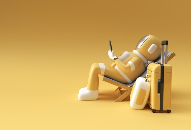 3d Render Spaceman Astronaut sitting on chair using phone with travel suitcase 3d illustration Design.