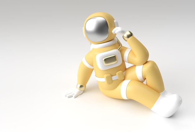3d Render Spaceman Astronaut 생각, 실망, 피곤한 백인 제스처의 3d 일러스트레이션 디자인.