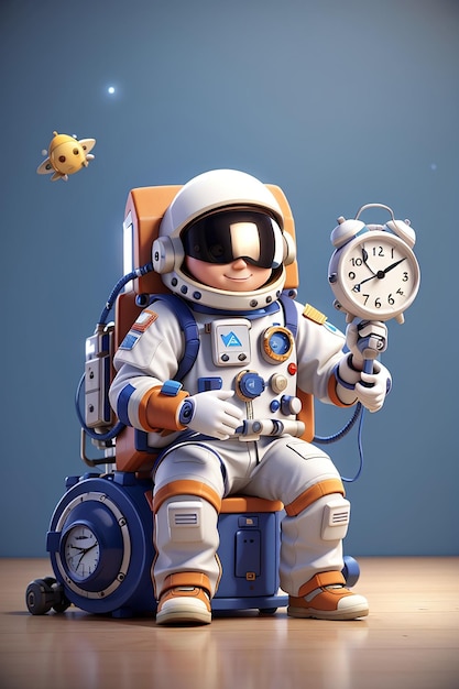 3d render spaceman astronaut with alarm clock 3d illustration design