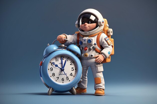 3d render spaceman astronaut with alarm clock 3d illustration design