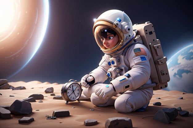 3d render spaceman astronaut with alarm clock 3d illustration design