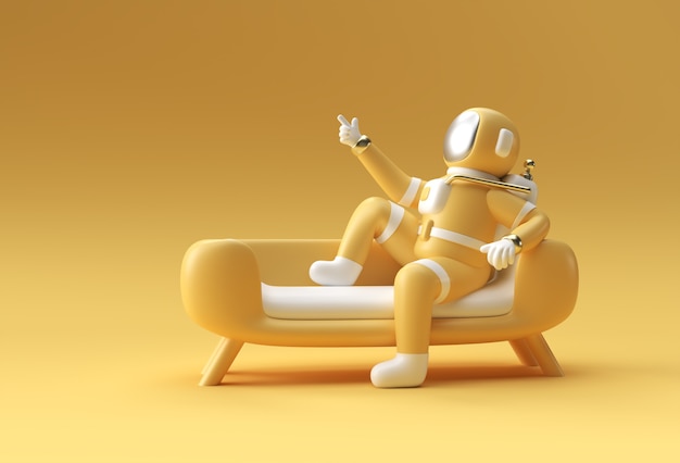 3d render spaceman astronaut zittend op de bank met vliegende raket 3d illustratie ontwerp.