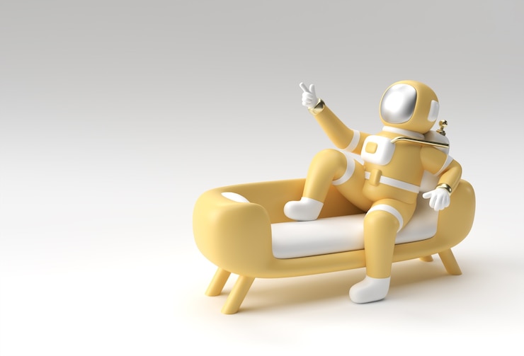 Foto 3d render spaceman astronaut zittend op de bank met vliegende raket 3d illustratie ontwerp.
