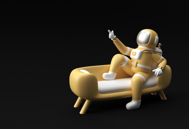 3D render Spaceman Astronaut zittend op de Bank met vliegende raket 3d illustratie ontwerp.