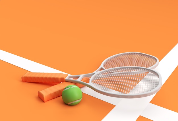 Rendering 3d racchetta da tennis di attrezzature sportive con una palla su sfondo arancione.