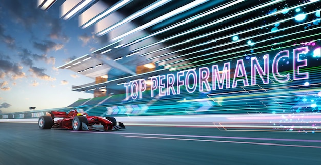 Rendering 3d auto da corsa sportiva guida veloce con testo top performance