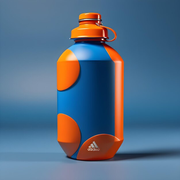 Photo 3d render of a sports bottle with an orange cap on a blue background