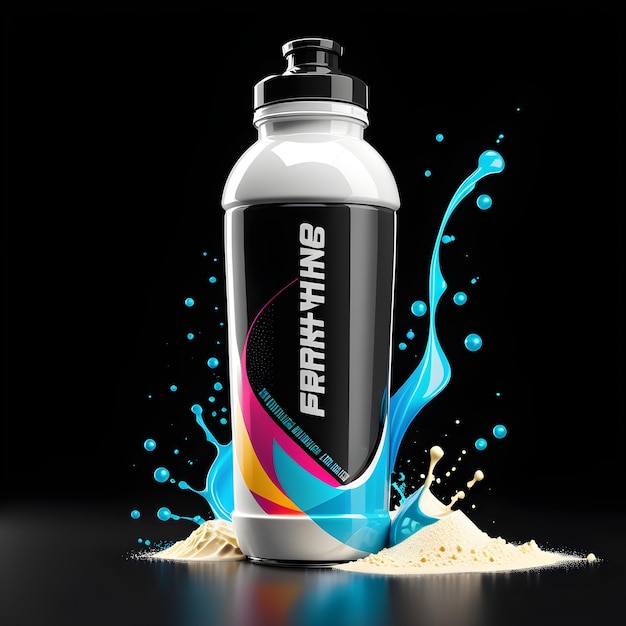 Photo 3d render of a sports water bottle with a splash on black background