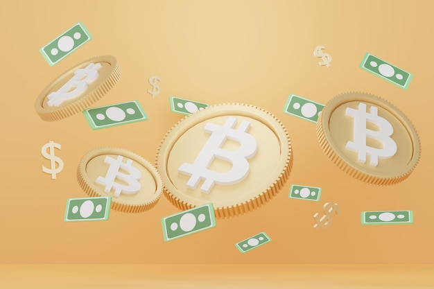 3d render of stack of bitcoins and gold in saving money for goal concept. minimal pastel scene. growth financial model. defi crypto concept. investment management and financial innovations.
