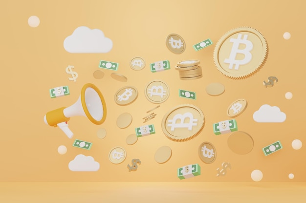3d render of stack of bitcoins with megaphone. defi cryptocurrency concept. investment management