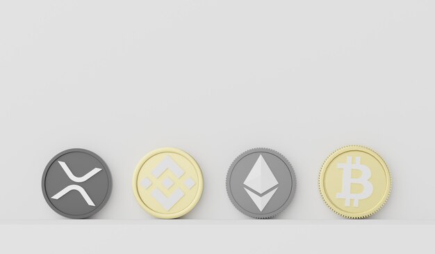 Photo 3d render stack of cryptocurrencies bitcoin ethereum binance and ripple coins