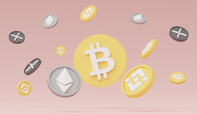 Photo 3d render stack of cryptocurrencies bitcoin ethereum binance and ripple coins