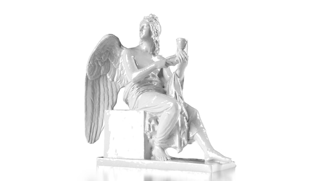 3D render standbeeld van een glanzende witte engel met vleugels