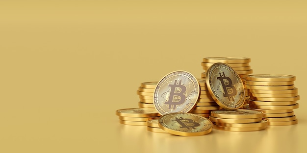 3D render stapel gouden cryptocurrency bitcoins op gouden achtergrond met kopie ruimte
