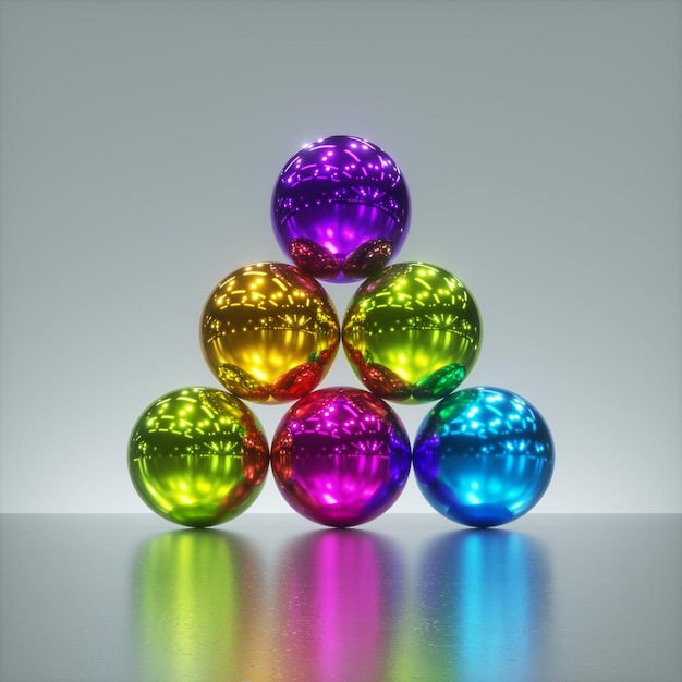 3D render stapel kleurrijke roze violet geel groen blauw metallic ballen