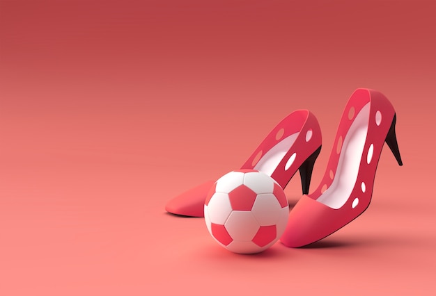 3D Render Stijlvolle klassieke damesschoenen met voetbal in hoge heuvels op een gekleurde achtergrond.