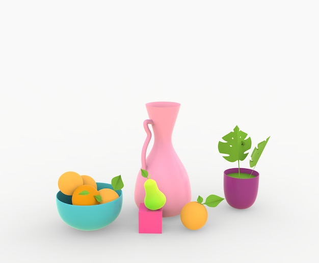 3d render still life Vses with laves and fruits and pears