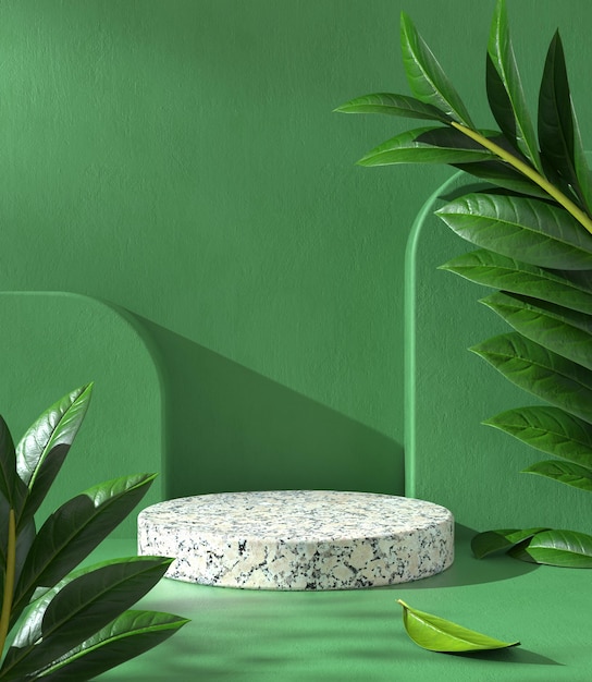 3D Render Stone Display On Green Plaster Background