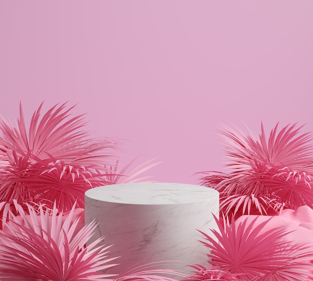 3d render pietra, foglia di palma e sfondo rosa, gemotric di colore rosa con podio in marmo, display o vetrina.