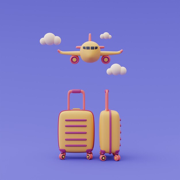 3D-рендеринг чемоданов с самолетом, концепция онлайн-путешествий и планирования туризма, праздничные каникулы, готовы к путешествию.