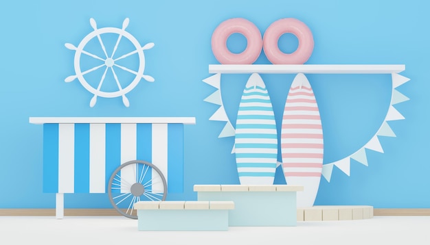 3Dレンダリング夏のセール表彰台スタンド製品を表示するための夏のビーチバケーションシーンのモックアップ