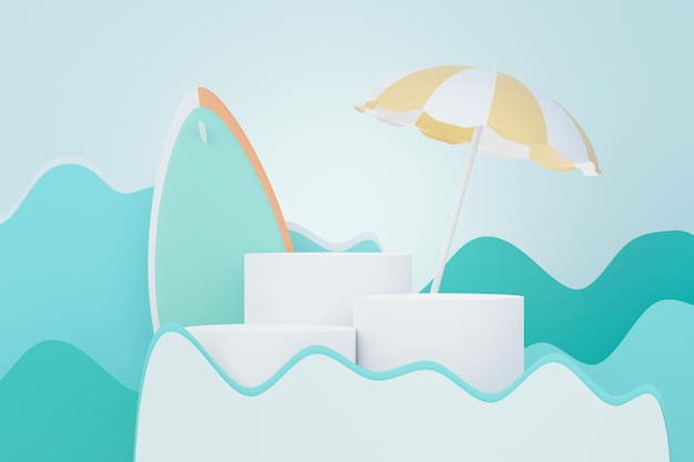 3d 렌더 여름 세일 연단은 여름에 제품 비치 휴가 장면을 보여주기 위한 스탠드입니다.