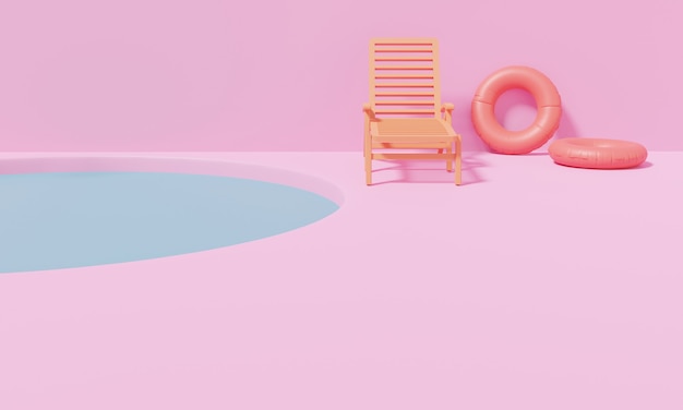 Foto rendering 3d, design minimale della scena estiva, sfondo interno rosa con sedia a sdraio e piscina