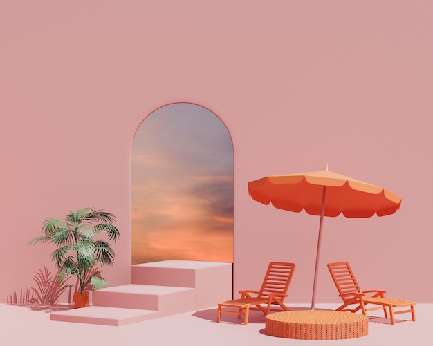 写真 3dレンダリング夏のシーンの最小限のデザイン製品は、夕焼け空とインテリアの背景を表示します