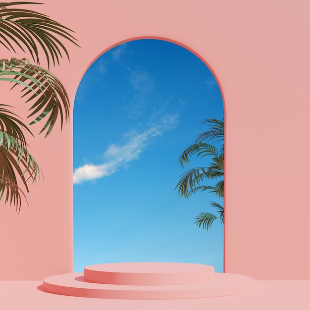 Foto 3d rendono la scena estiva il prodotto minimo mostra lo sfondo interno rosa con cielo e pianta