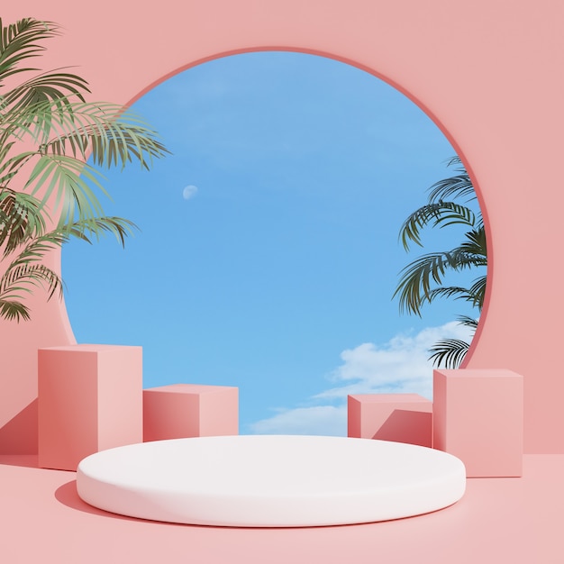 Photo 3d render summer scene minimal product display  pink interior background with sky and summer plant
