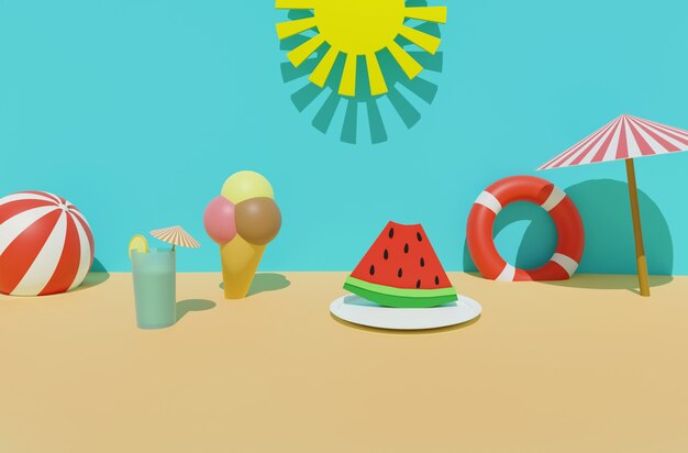 3D render of summer time sand beach with sun, lifebuoy, ball, ice cream, cold drink, sun umbrella and watermelon . Summer travel vacation, summer food and drink concept