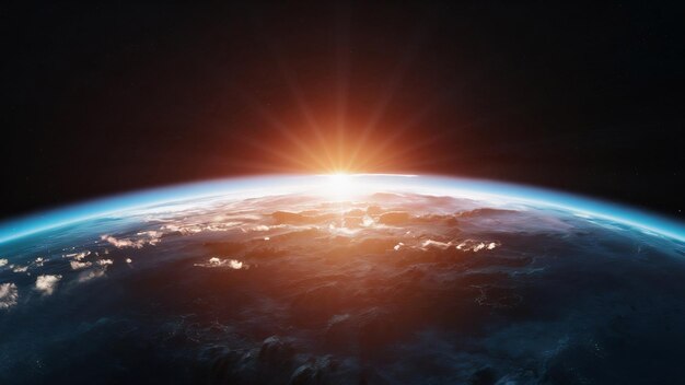 3d render sunrise view from space on planet earth