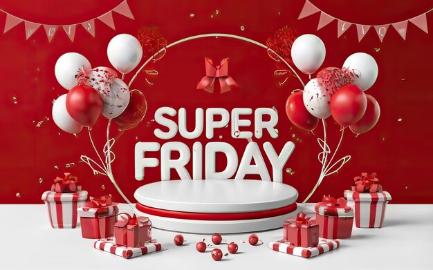 3d render of Super Friday display podium with gift boxes and balloon