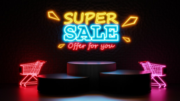 3d render of super sale with podium for product display