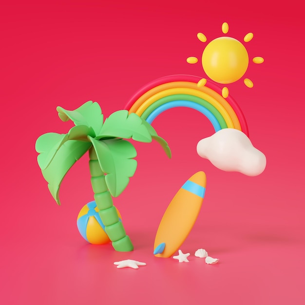 Photo 3d render of surfboard with palm tree and rainbow isolated on red summer concept