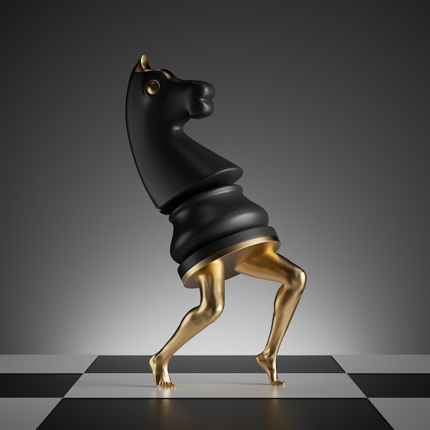 3d render surreal concept chess game knight piece black horse with golden slim legs