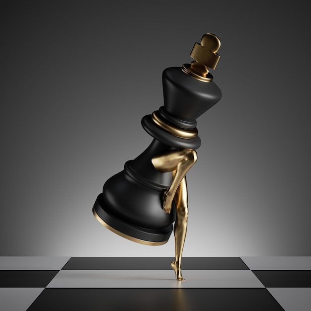 3d render surreal concept chess game piece black king object with golden slim model legs