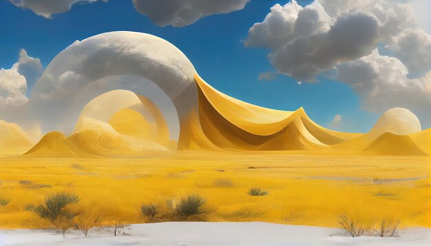 3d render Surreal desert landscape with yellow arches and white clouds in the blue sky