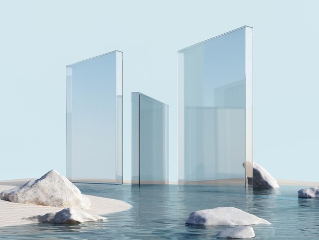 3d render of surreal landscape with podium in the water and white sand Glass showcase with plant