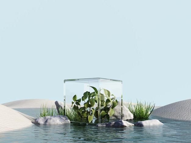 Photo 3d render of surreal landscape with podium in the water and white sand glass showcase with plant