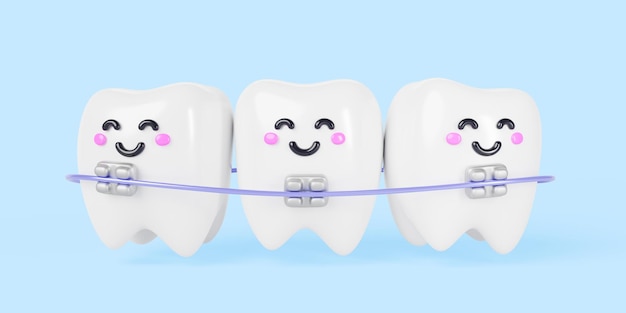 3d render teeth cartoon kawaii characters with metal dental braces Cute smiling tooth with brackets and steel arch wire for orthodontic treatment and correction on blue background 3D illustration